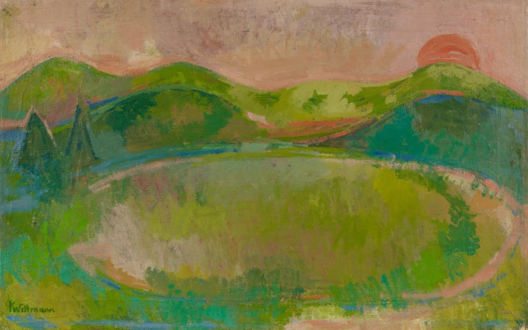 Abbildung: Karoline Wittmann, Bergsee bei Sonnenuntergang, 1961, Stiftungsfonds Karoline Wittmann im Buchheim Museum © Buchheim Stiftung, Bernried, Reproduktion: Fotoatelier Saša Fuis, Köln