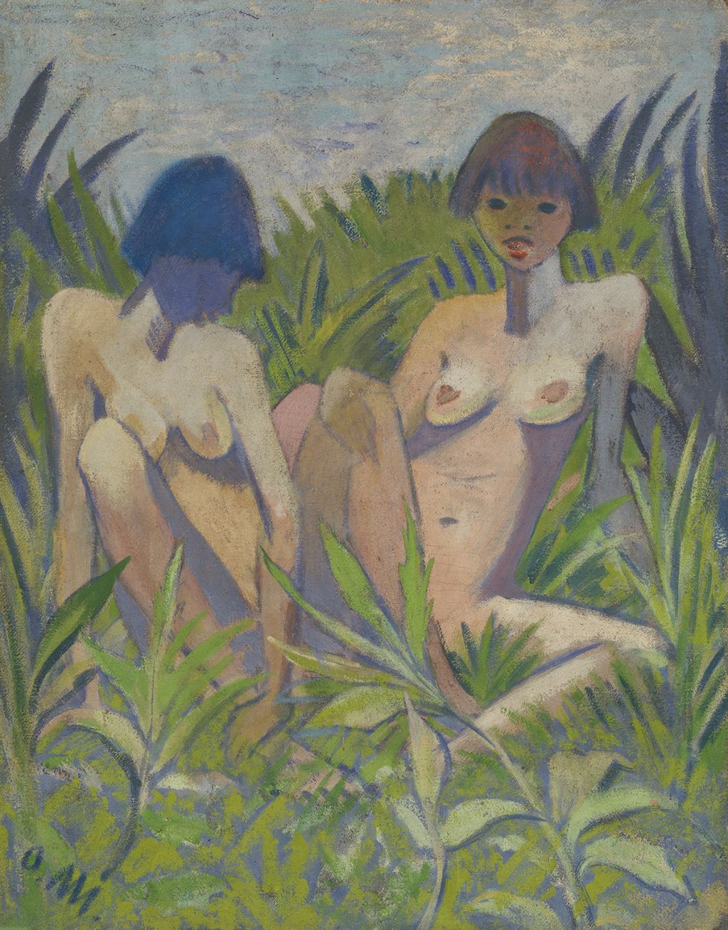 Abbildung: Otto Mueller, Zwei Akte im Gras, um 1924, Leimfarbe auf Rupfen, Buchheim Museum