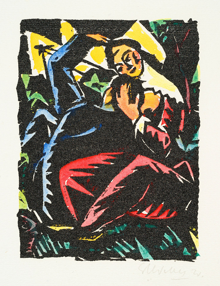 Abbildung: Evarist Adam Weber, Liebespaar, 1920 kolorierter Holzschnitt,  108 x 80 mm 